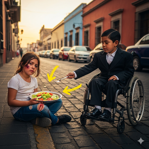 NIÑA MENDIGA COMPARTE SU COMIDA CON UN NIÑO EN SILLA DE RUEDAS, Y UN MILLONARIO LO VE… LO QUE SUCEDE DESPUÉS TE DEJARÁ SIN PALABRAS.