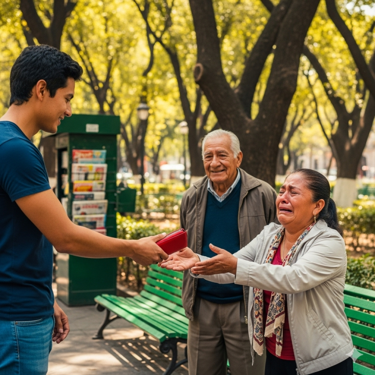 —¿Tú has visto a una mujer con una cartera roja por aquí? —preguntó un adolescente jadeando, a punto de rendirse.