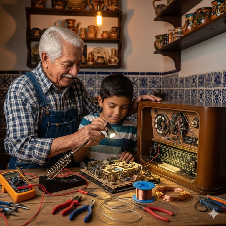 Abuelo, ¿por qué nunca tiras esa radio vieja? Ya no sirve —preguntó Mateo, mientras señalaba una radio de madera con perillas oxidadas, arrinconada sobre una mesa.