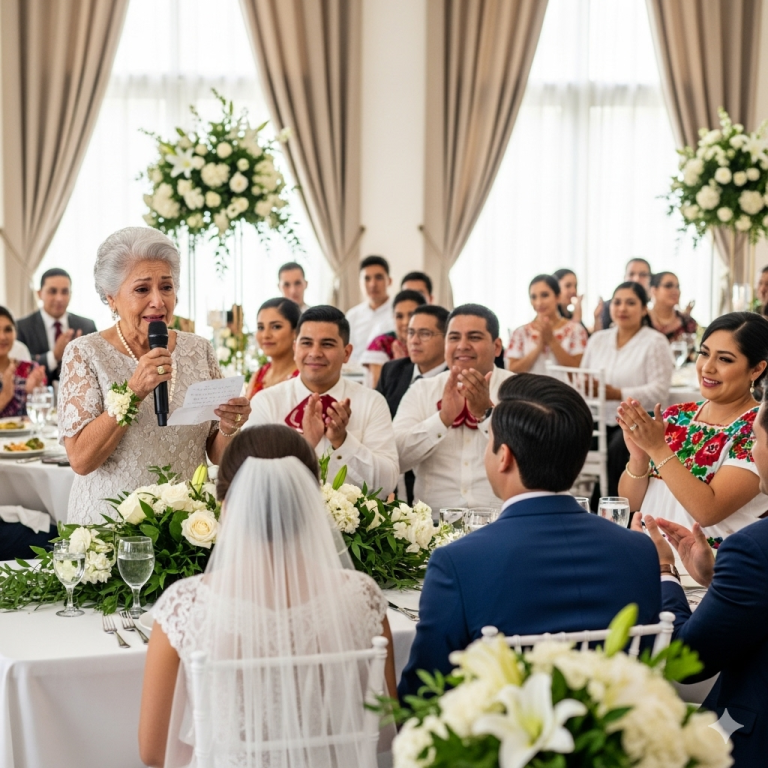 Los suegros se burlan de la madre conserje del novio, hasta que ella sube al escenario para felicitar a la pareja.