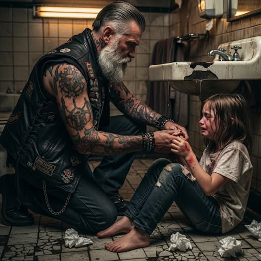 Un viejo motociclista encontró a una niña escondida en el baño del restaurante a medianoche, magullada y aterrorizada, rogándole que no le dijera a su padrastro dónde estaba_