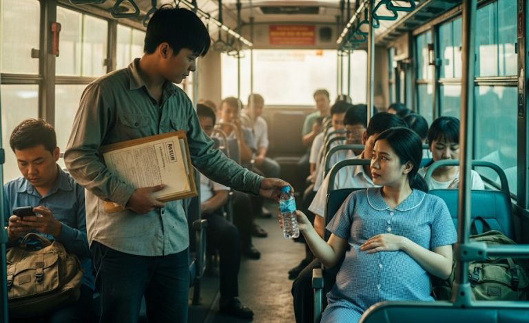 “El joven pobre que cedió su asiento en el autobús a una mujer embarazada, solo para descubrir que ella era la directora ejecutiva de la empresa donde tenía una entrevista.”