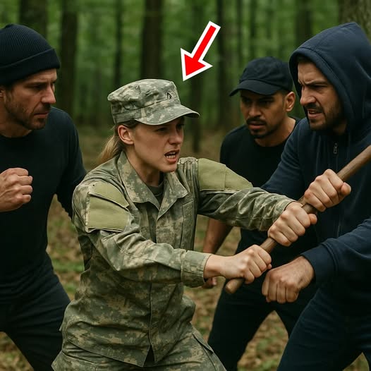Unos maleantes acorralaron a una mujer con uniforme militar en medio del bosque, pero ninguno de ellos estaba preparado para lo que sucedería instantes después.