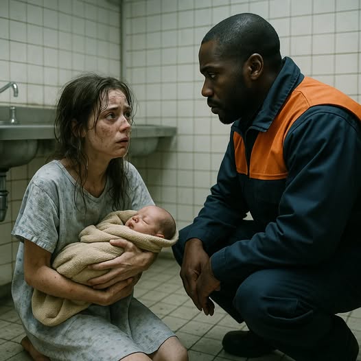 Una niña pequeña, vestida con una bata de hospital, entró corriendo al baño del metro, con un recién nacido en brazos.