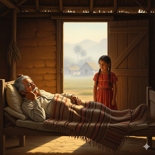 El pueblo está tranquilo al anochecer. Los pájaros regresan a sus nidos y el viento agita las hojas de los cocoteros. En una vieja casa de madera, Mang Turing, de setenta y ocho años, vive con su hijo Mario y su nuera Elena.