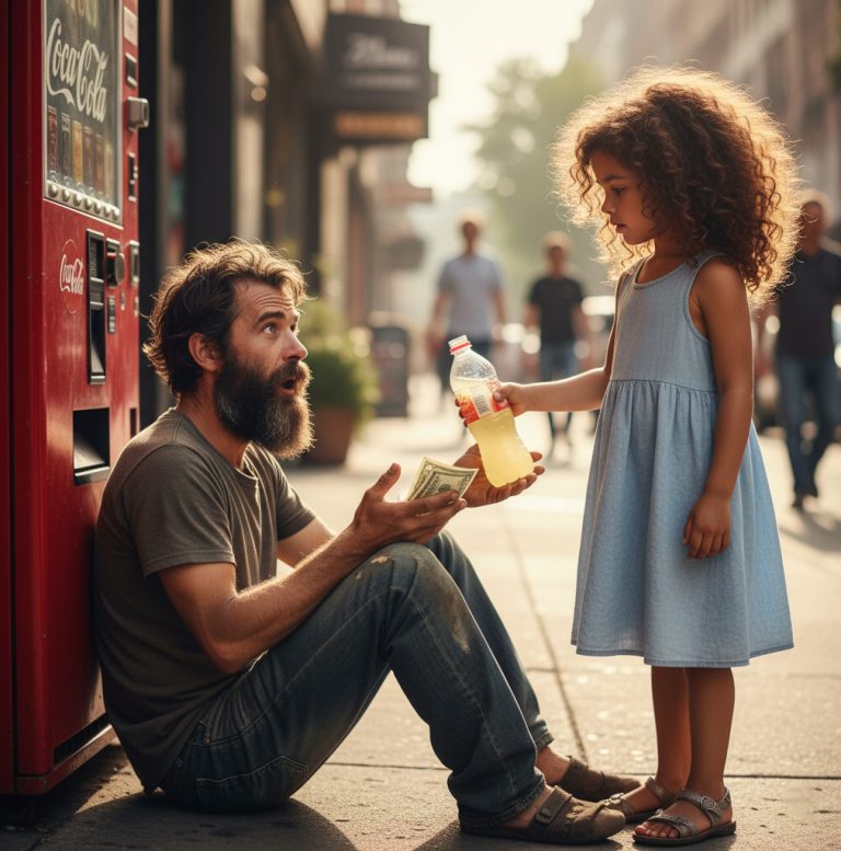 Mi hija de 7 años le dio su limonada y parte de sus ahorros a un hombre que lloraba fuera de la tienda — dos días después, un helicóptero aterrizó frente a nuestra casa.