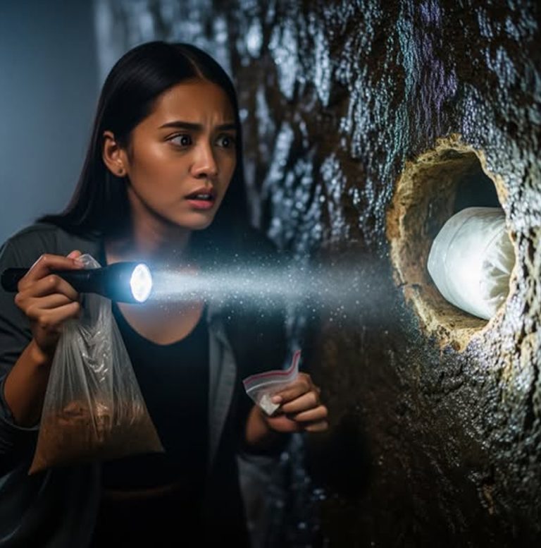 Mi esposo se encerraba en el baño cada noche durante dos horas: una noche tomé una linterna, fui a revisar, y detrás de los azulejos encontré un agujero… y dentro había bolsas extrañas…