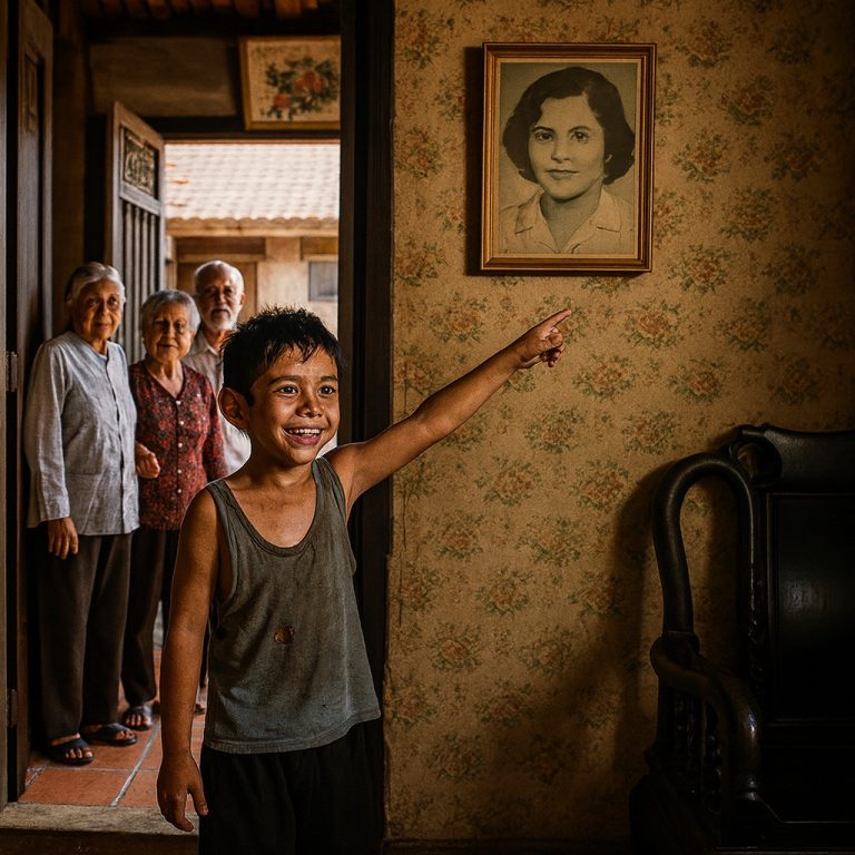 Dio refugio al niño pobre durante la lluvia, y la anciana quedó atónita cuando el pequeño señaló la foto de su hija y exclamó una frase…