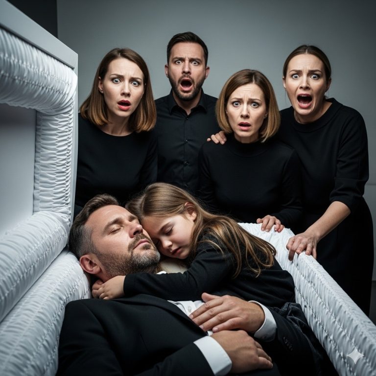 Una niña abrazó a su padre en el inquietante ataúd.  Camila tenía 8 años y permanecía de pie junto al ataúd, sin moverse. Habían estado en el velorio durante horas, y ella no se había apartado ni un segundo.