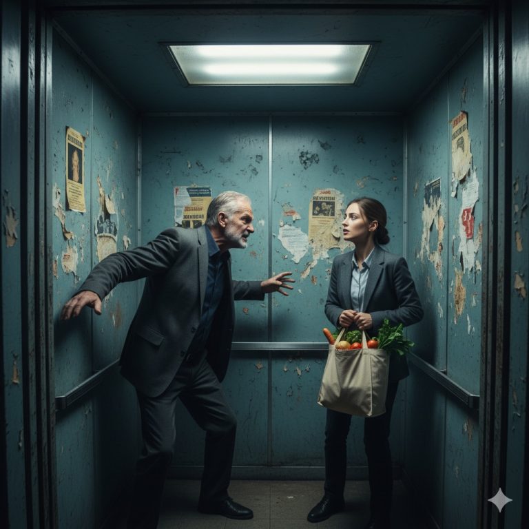 Después del trabajo, cuando llegué al elevador de mi edificio, apenas había presionado el número de mi piso cuando el anciano que vivía un nivel más abajo apretó de golpe el botón de emergencia y gritó: