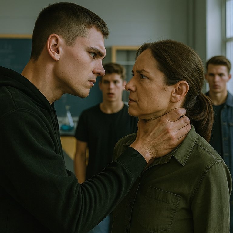 El matón agarra del cuello a su profesora en el laboratorio — pero su pasado militar destroza su futuro