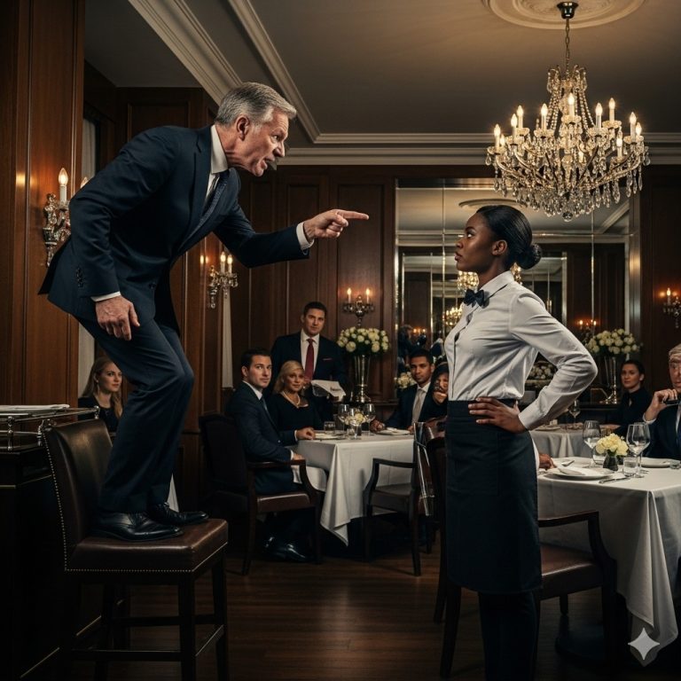 “¡Arrodíllate y limpia mis zapatos ahora mismo!” El multimillonario le gritó a la camarera negra, pero su respuesta lo dejó atónito…