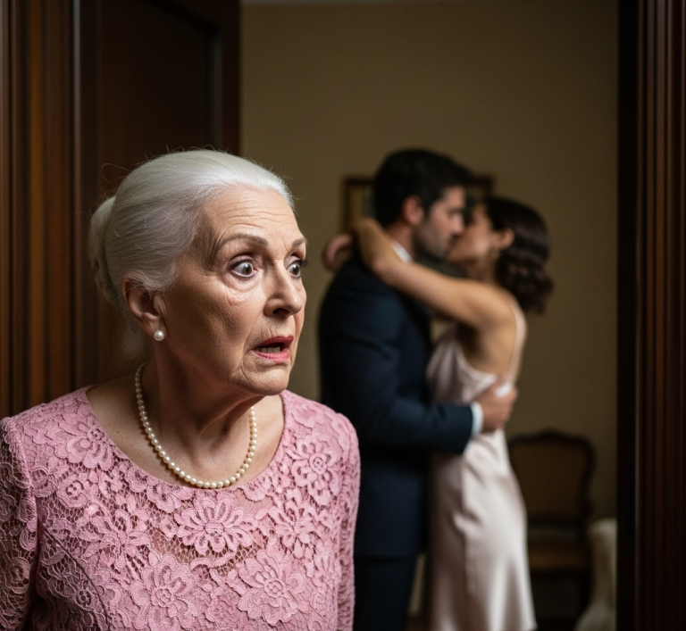 La madre de la novia ve al novio entrar al baño con la dama de honor durante la boda