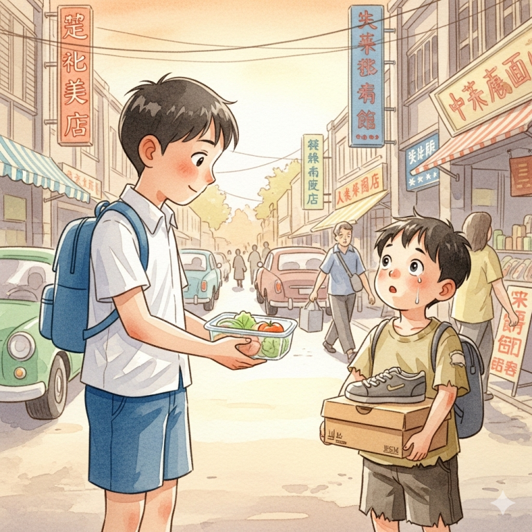 Me llamo Miguel y tengo diez años. Ese día salí del colegio con mi mochila colgando en la espalda y un taper de comida guardado adentro. No lo había tocado en el recreo, aunque tenía hambre. Había decidido guardarlo porque en la entrada vi a un niño de mi edad lustrando zapatos y pidiendo algo de comer.