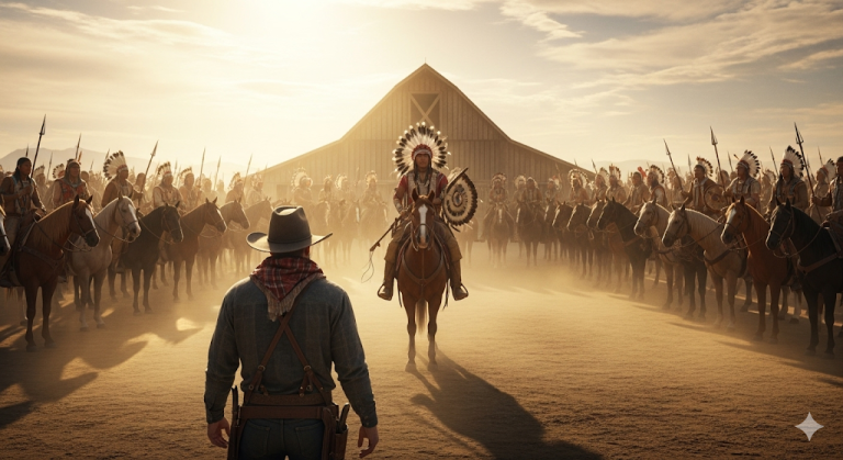 Un VAQUERO ayudó a un niño APACHE hambriento. Al día siguiente, 200 guerreros llegaron a su granero….