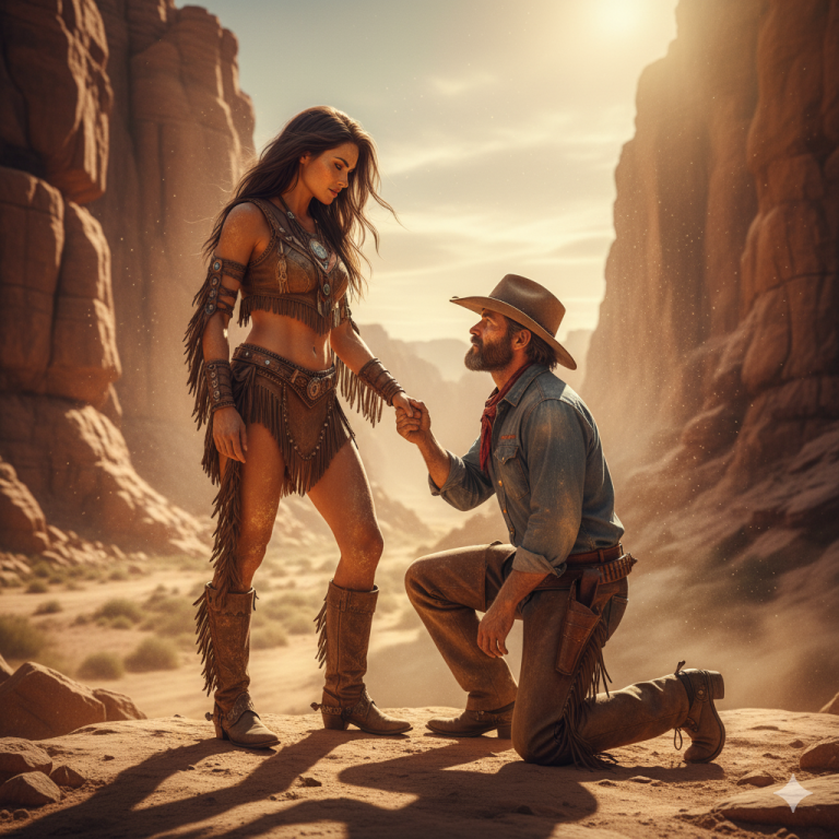 “¡Déjame tocarte ahí!!!” pidió el vaquero humilde — La gigante apache sonrió de vuelta…