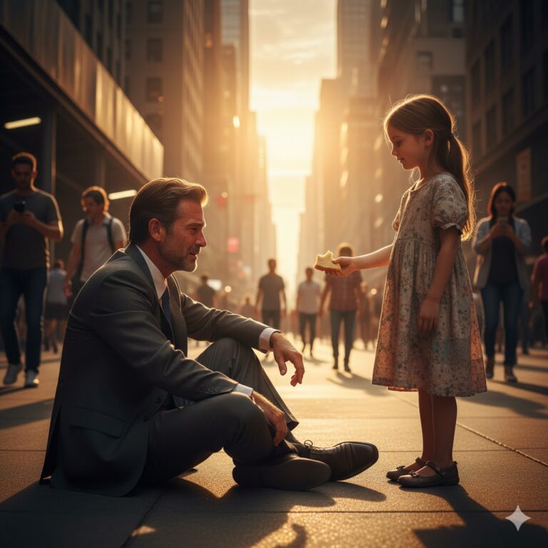 El millonario que lloraba en la acera… hasta que una niña le ofreció su único pan — y él recordó cómo suena la bondad.