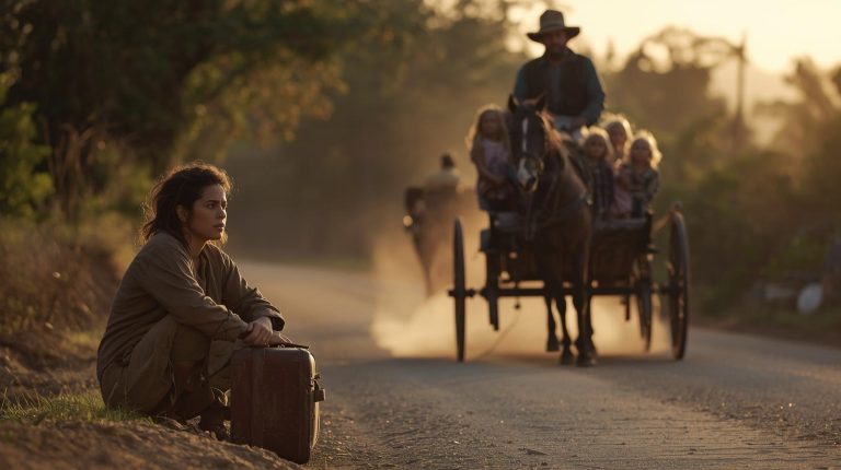 Despedida entre lágrimas en un camino polvoriento — un hacendado detiene su carreta — y una frase cambia para siempre el destino de una mujer.