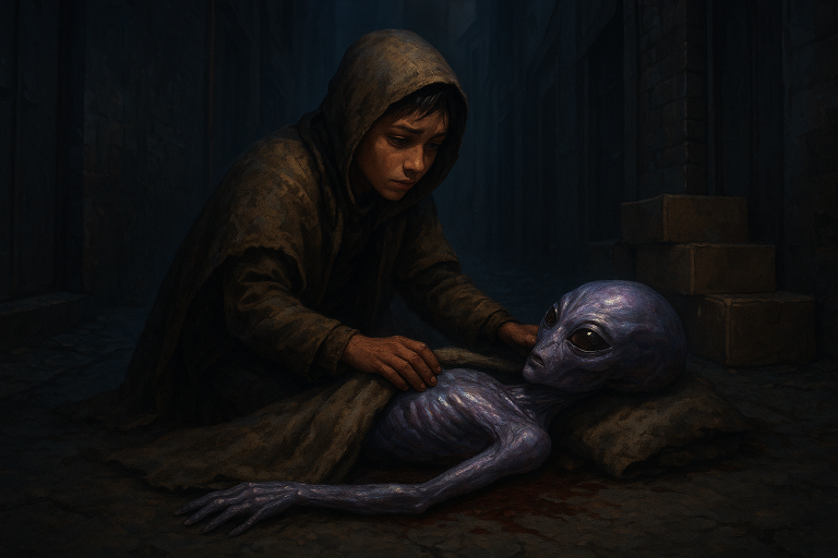 Un niño sin hogar encuentra algo que cambiará su vida para siempre: un ser extraño, herido y casi moribundo, tirado en un callejón oscuro. Y lo que pasó después fue inesperado.