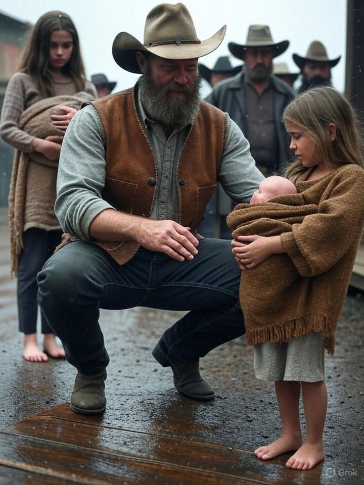 Nos puede comprar, señor”, dijo la niña pequeña sosteniendo a un bebé. El vaquero solitario miró el rostro de la mujer…