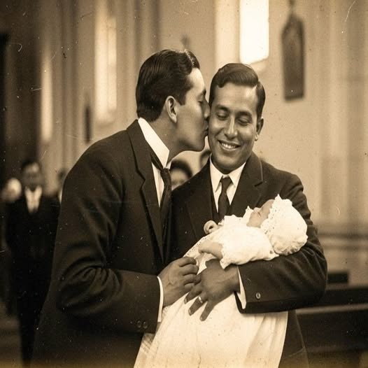 Cuando el fotógrafo reveló las fotos del bautizo: el inesperado beso entre el padrino y el padre del bebé
