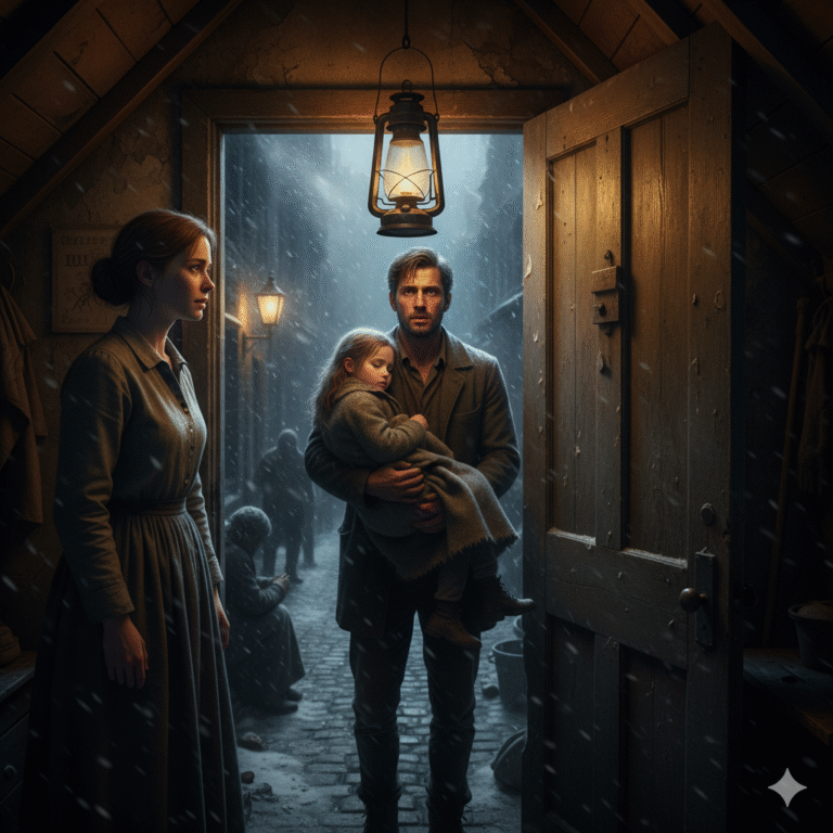 “Abre la puerta a un padre y su hija en la noche fría, sin saber que esconden un pasado de abandono y lucha por sobrevivir”