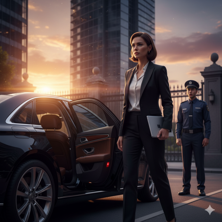 guardia del portón se quedó paralizado cuando vio bajar a la mujer del auto negro. Cabello recogido, traje elegante, mirada firme.