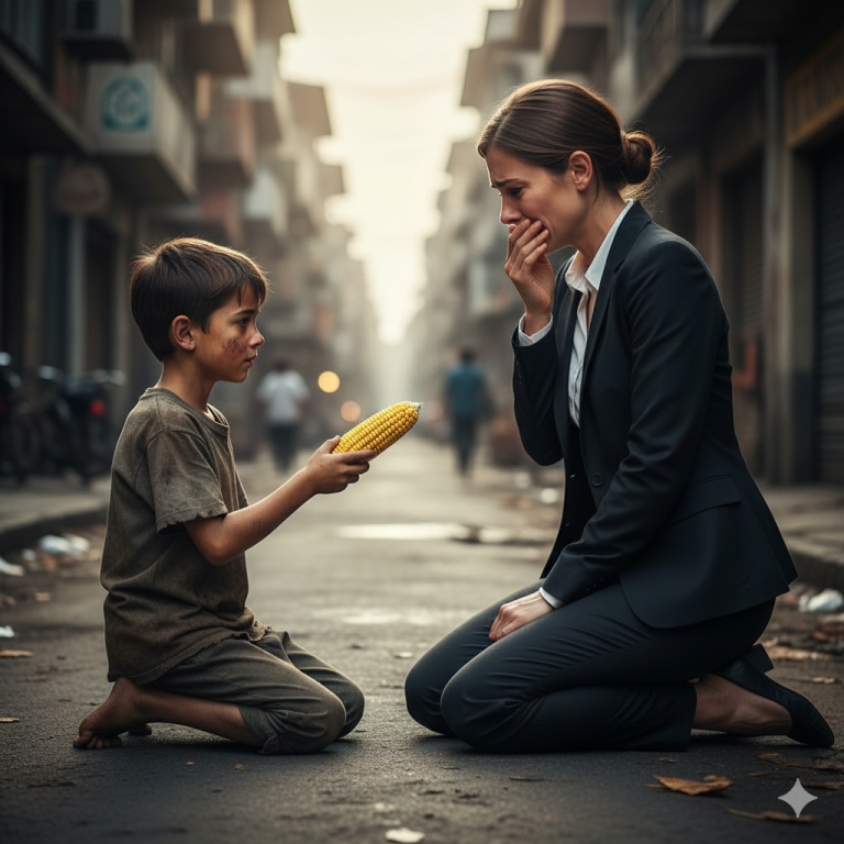 PEQUEÑO MENDIGO OFRECE SU ÚNICO MAÍZ A UNA MILLONARIA QUE LLORABA EN LA ACERA, Y LO QUE ELLA DIJO…