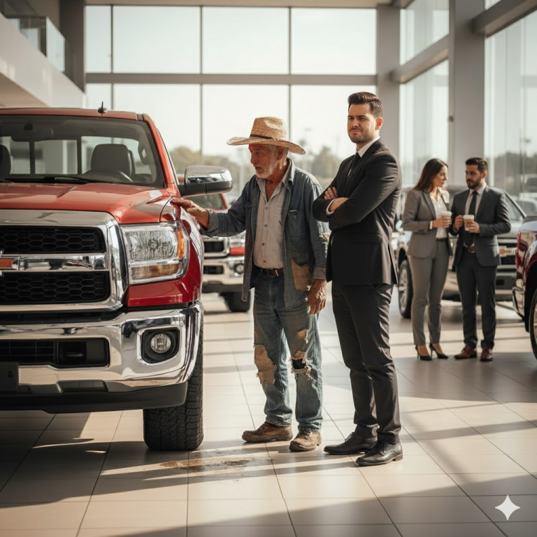 “El viejito que llegó lleno de polvo al concesionario… y les dio una lección que nadie olvidará jamás 💸🚜