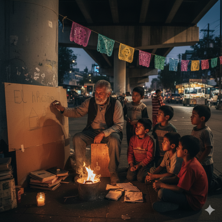 Un maestro sin hogar enseña esperanza y sabiduría bajo un puente, donde la educación ilumina la oscuridad de la calle.