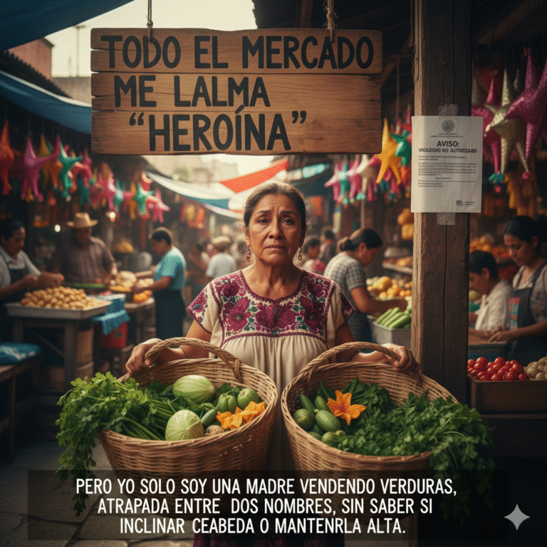 “Todo el mercado me llama ‘heroína’, pero las autoridades me llaman ‘infractora’. Y yo… yo solo soy una madre que vende verduras, parada entre esos dos nombres, sin saber si debo agachar la cabeza o levantarla.”