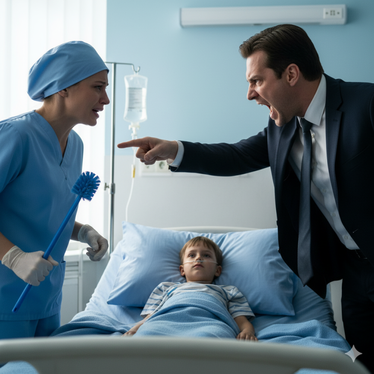 💔 era la conserje del hospital donde mi hijo estaba en coma — hasta que la enfermera me llamó “señora” delante de su padre rico.