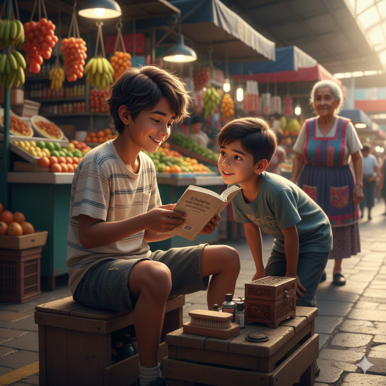 Un niño lustrabotas esconde sueños entre libros viejos, enfrentando la pobreza para escribir su propia historia de esperanza.