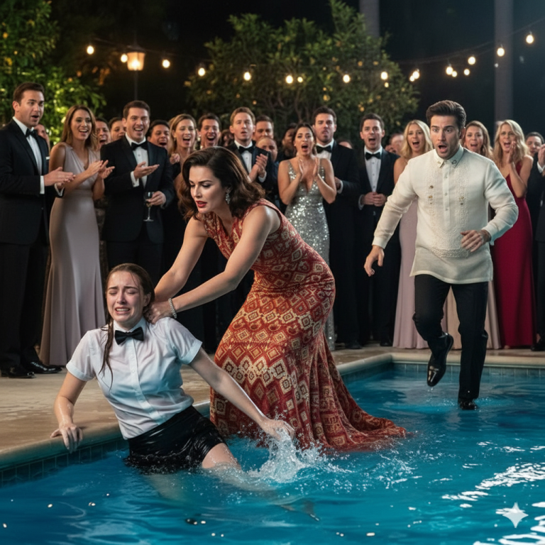 Una pobre camarera fue empujada a la piscina mientras todos se reían de ella — hasta que un millonario entró e hizo algo que dejó a todos sin palabras…