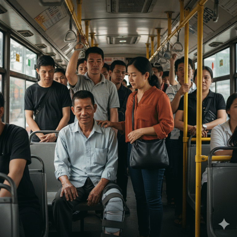 “La mujer se enojó en el bus porque el hombre no se levantó para cederle el asiento. Pero cuando el hombre se levantó, resultó ser cojo.”