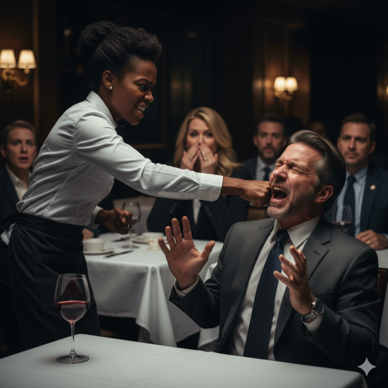 “Una camarera humilde y de piel negra, acostumbrada a soportar las humillaciones de clientes arrogantes, jamás imaginó que un millonario en plena cena pública la despreciaría delante de todos. Lo que nadie sospechaba era su reacción: un inesperado golpe de kárate que cambió por completo la escena y destapó una verdad oculta que dejó a la élite en estado de shock.” – Jetrapic