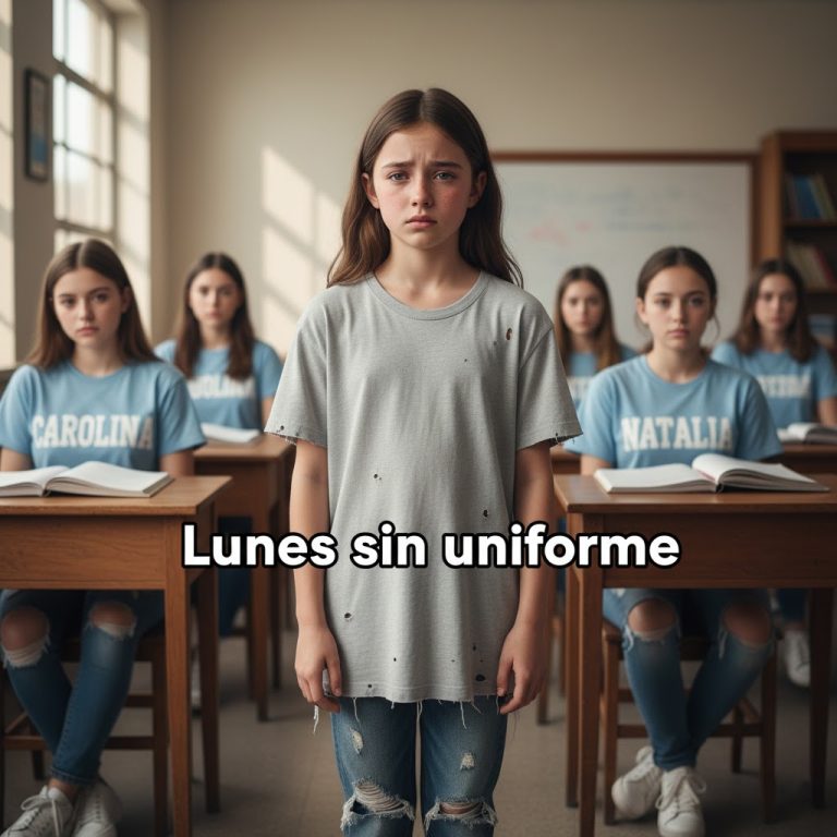 Cuando entré al salón ese lunes, todos se quedaron mirándome. No era para menos: llevaba una camiseta vieja de mi papá, tres tallas más grande, y unos pantalones deportivos con un agujero en la rodilla. Nada de uniforme.