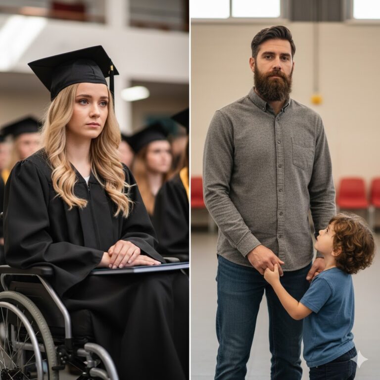 Ella se graduó con honores, sola, en una silla de ruedas, mientras su padre, un magnate poderoso, le dejaba un sobre y se marchaba sin mirarla. Él, un trabajador de mantenimiento, la observó desde lejos hasta que su hijo de 8 años le preguntó por qué nadie la abrazaba. Lo que pasó después no estaba planeado.