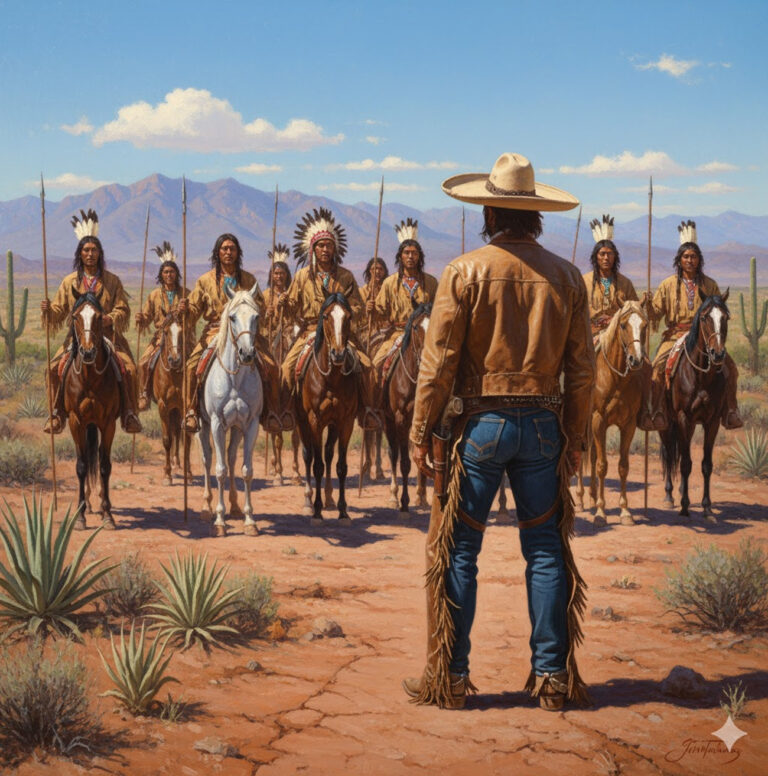 Sterling Madox jamás imaginó que una decisión impulsiva —dar su único caballo para salvar a una desconocida— lo pondría frente a setenta guerreros apaches al amanecer siguiente. La escena era tan silenciosa y solemne que cada respiración suya parecía un sacrilegio. Setenta hombres inmóviles, cada uno con una pluma blanca en la mano, lo observaban con ojos tan profundos como la misma montaña. Y él, sin caballo, sin rifle y sin comprender, sintió que su destino ya no le pertenecía. – Jetrapic