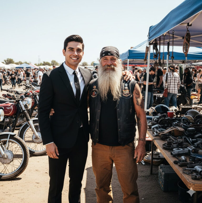 “El motociclista que me crió no era mi padre; era un viejo mecánico sucio que me encontró durmiendo en su contenedor de basura detrás del taller cuando tenía catorce años.”