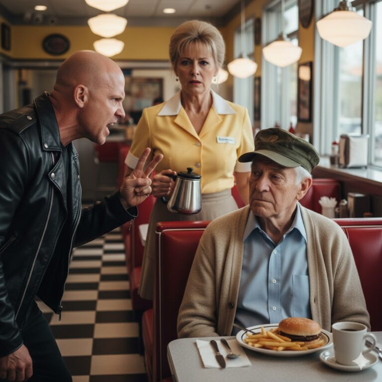 “Un motociclista intentó intimidar a un veterano de 81 años en un pequeño restaurante del pueblo… pero minutos después, el rugido de decenas de motores hizo temblar las ventanas y cambió todo.”