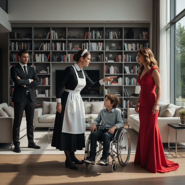 El niño en silla de ruedas de 7 años intentaba contener el llanto mientras su madrastra lo humillaba sin piedad. Pero antes de que ella dijera algo peor, la empleada doméstica apareció en la puerta y gritó, “¡No hagas eso.” La voz resonó por toda la sala. El millonario, que acababa de llegar, quedó paralizado al ver la escena.