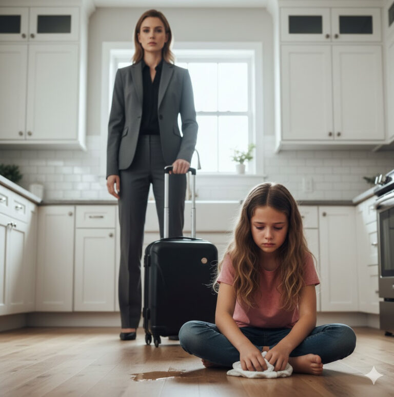 Regresé de un viaje con un día de anticipación y encontré a mi hija de nueve años, sola, de rodillas, limpiando el piso de la cocina… porque mis suegros pensaban que “necesitaba disciplina”.