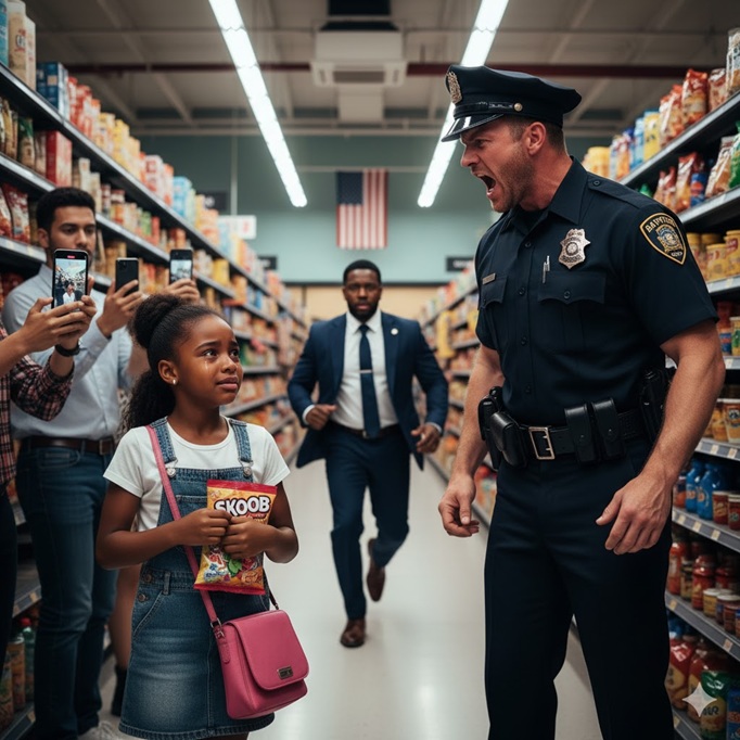 Un oficial de policía racista acusó a una niña negra de 8 años de robar en un supermercado — cinco minutos después, su padre, el director ejecutivo, llegó e hizo que el oficial se pusiera pálido…