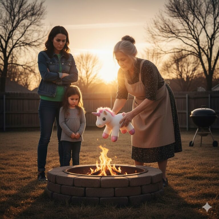 Mi madre agarró el querido unicornio de peluche de mi hija de seis años y lo arrojó al fuego — luego la abofeteó y dijo: “Si tu prima quiere algo, se lo das.”