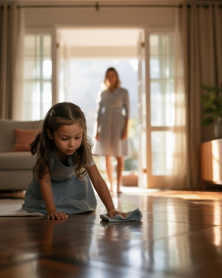 Cuando regresé temprano de un viaje de negocios, encontré a mi hija de nueve años sola, obligada a fregar el suelo de la cocina como