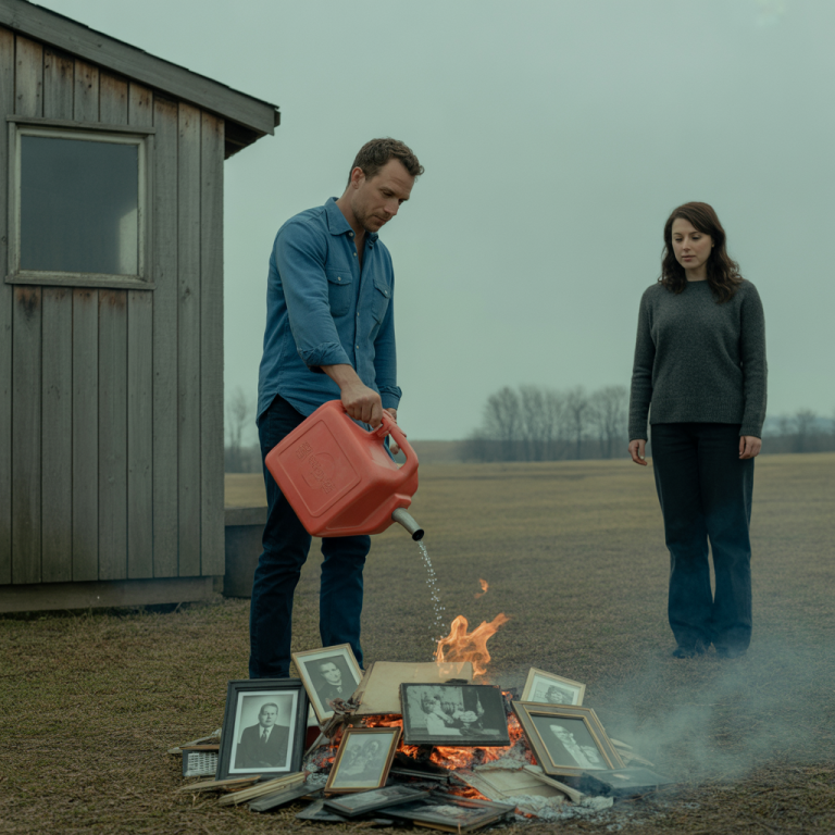 Mi esposo dijo que iba a un funeral… pero lo encontré detrás del cobertizo, con una lata de gasolina y una mirada que no reconocí.