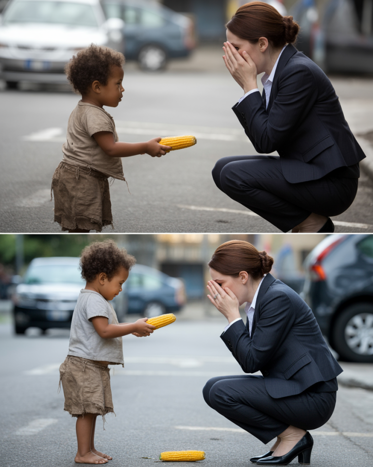 PEQUEÑO MENDIGO OFRECE SU ÚNICO MAÍZ A UNA MILLONARIA QUE LLORABA EN LA ACERA, Y LO QUE ELLA DIJO…