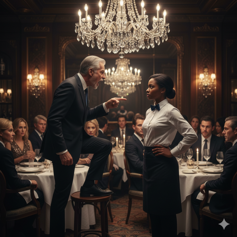 “¡Arrodíllate y limpia mis zapatos ahora mismo!” El multimillonario le gritó a la camarera negra, pero su respuesta lo dejó atónito…