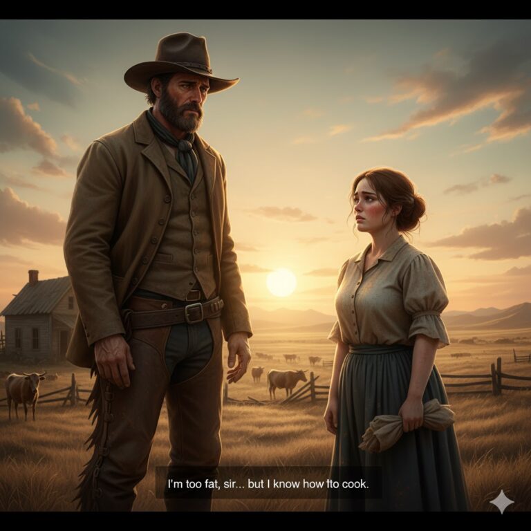 «Esoy demasiado gorda, señor… pero sé cocinar», dijo la joven colona al ranchero gigante.